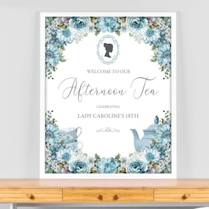 16 x 20 Afternoon Tea Welcome Sign with Bridgerton Style Cameo, Dusty Blue Flowers, Teapot, Butterflies, CORJL EDITABLE DIGITAL Template