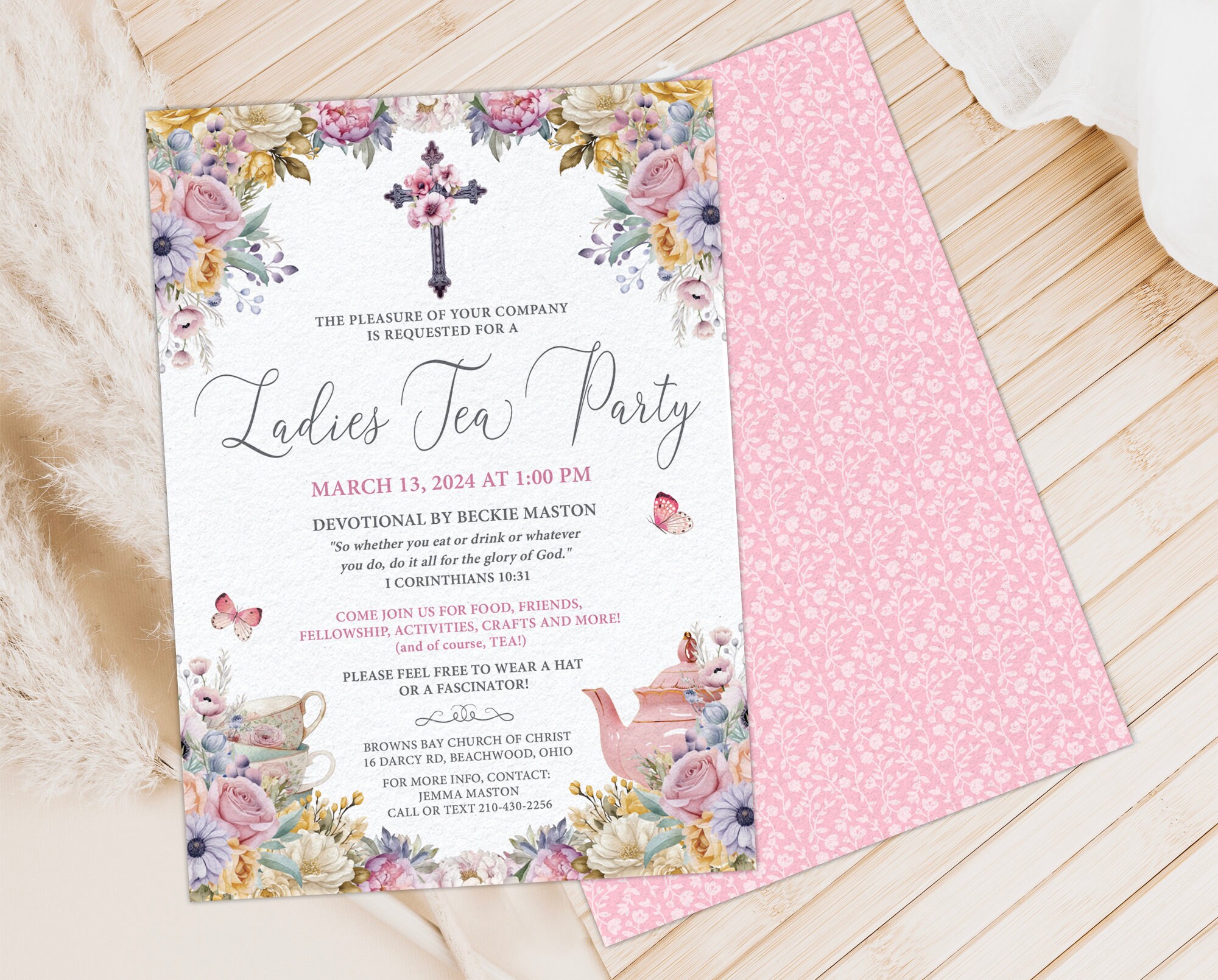 5 X 7 Ladies Tea Party Church Event Invite With Pastel Flowers