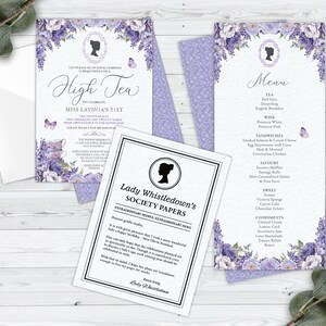 Bundle of 3 Bridgerton High Tea Lavender Colored Flower, Invitation, Menu, Whistledown Birthday Announce, Corjl Editable DIGITAL DOWNLOAD