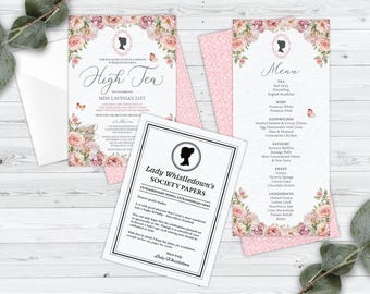 Bundle of 3 Bridgerton High Tea Blush Pink Products, Invitation, Menu, Whistledown Birthday Announcement, Corjl EDITABLE DIGITAL DOWNLOAD