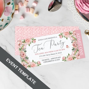 5 x 2.25 Tea Party Event Ticket with Blush Pink Flowers and Butterfly, Admit One, CORJL EDITABLE DIGITAL Template