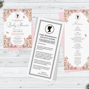 Bundle of 3 Bridgerton Baby Shower Blush Pink, Cameo, Invite, Menu, 4x9 Baby Gender Reveal Society Page, Corjl EDITABLE DIGITAL DOWNLOAD