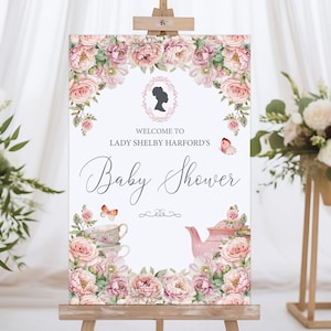 24 x 36 Baby Shower Afro Puff Welcome Sign, Blush Pink, Bridgerton Cameo, Teapot, Teacups, Butterflies, CORJL EDITABLE DIGITAL Template