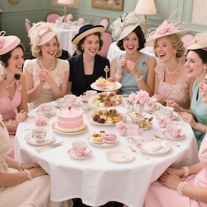 pretty pastel tea party table with ladies wearing fascinators and hats