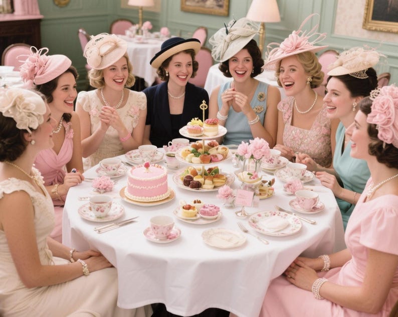 pretty pastel tea party table with ladies wearing fascinators and hats