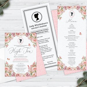 Bundle of 3 Bridgerton High Tea Blush Pink Products, Invitation, Menu, 4 x 9 Whistledown Birthday Announce, Corjl EDITABLE DIGITAL DOWNLOAD