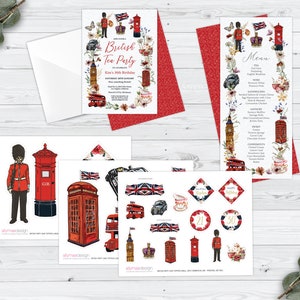 Bundle of 3 British Tea Party, Invite, Menu, Cake Toppers with London Icons, Corjl EDITABLE DIGITAL DOWNLOAD