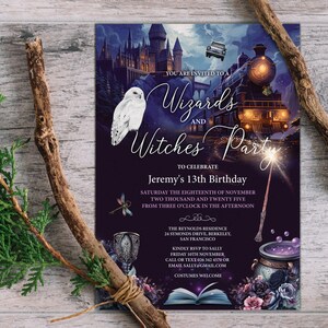 Wizard & Witches Birthday Invitation, Train, Flying Keys, Snowy Owl, 5x7 Corjl Editable Template
