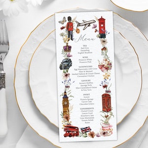 4 x 9 British Tea Bon Voyage Party Menu, London Icons, Big Ben, Double Decker Bus, Phone Box, Black Taxi, Corjl Editable Digital Download