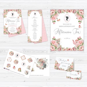 Bündel Nachmittagstee, Blush Pink, Bridgerton Thema, Einladen, Menü, Kuchen Topper, Willkommensschild, Danke, Essen Tischkarten