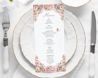 Blush Pink Tea Party Menu, Butterfly, Pink Pattern Back, Flowers, 4 x 9 Editable Corjl Template