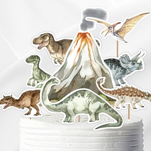 Adornos para tarta de dinosaurios, varios dinosaurios, T-Rex, Stegosaurus, Velociraptor, Volcán, Jurásico, plantilla digital editable CORJL