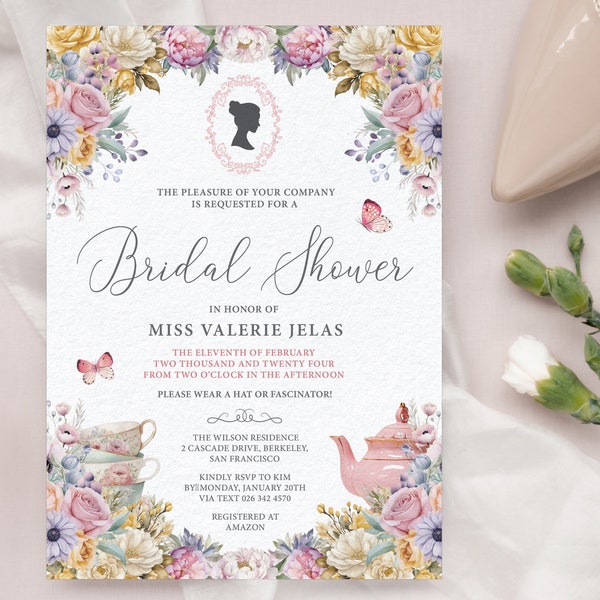 5 x 7 Bridal Shower Invitation with Bridgerton Cameo, Pastel Flowers, Teapot, Teacups & Butterflies, Corjl Editable DIGITAL DOWNLOAD