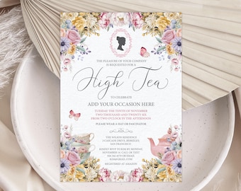 Regency Tea Party Invitation, High Tea Birthday, Pink Floral Cameo, Editable Corjl Template