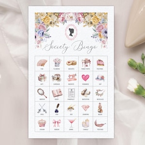 20 juegos de bingo de la sociedad (no editables, 5,5 x 8,5 pulgadas), flores pastel, Bridgerton Cameo, 1 tarjeta de llamada, descarga digital en PDF