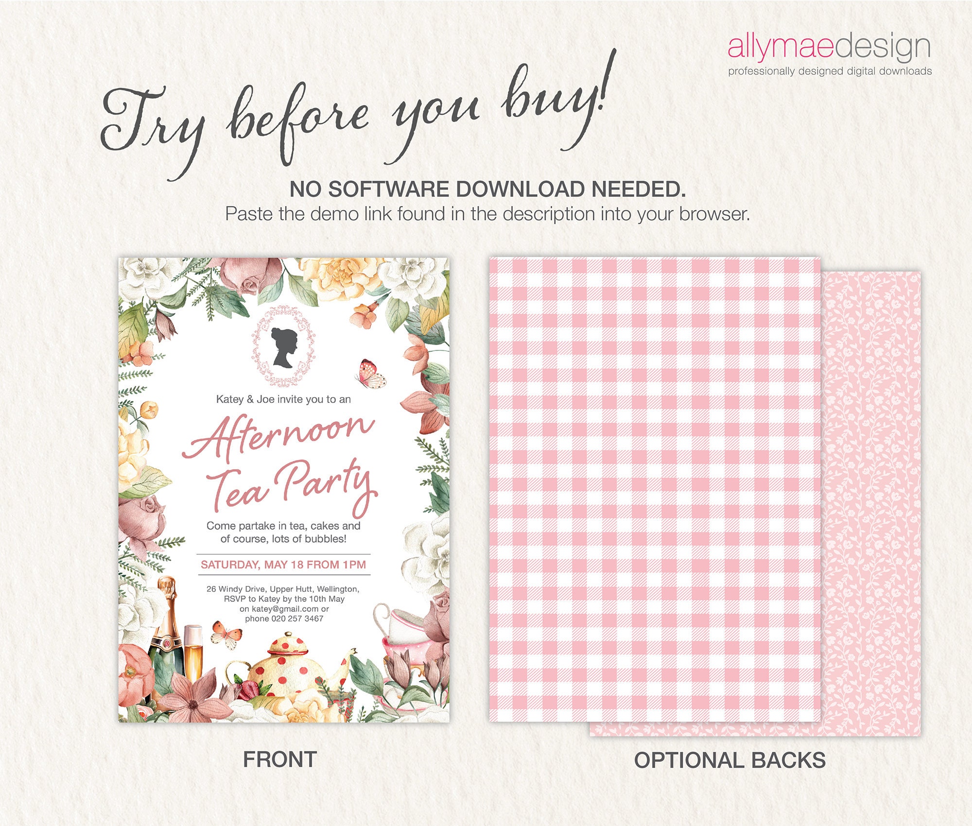 5 X 7 Afternoon Tea Party Invitation, Floral Border, Bridgerton Cameo ...