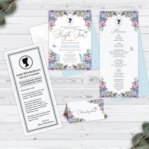 Bundle of 4 High Tea Blue Pink Lilac Green Flowers, Invite, Whistledown Birthday Page, Food/Name Cd, Menu, Corjl EDITABLE DIGITAL DOWNLOAD