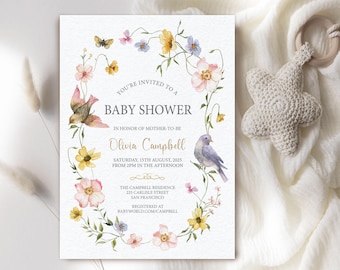 Invitación para baby shower, diseño de flores silvestres, mariposas y pájaros, plantilla editable de Corjl 5x7