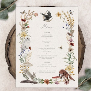 8.5 x 11 Enchanted Evening Dinner Menu, Magical Forest Theme with Various Forest Animals and Flora, CORJL EDITABLE DIGITAL Template