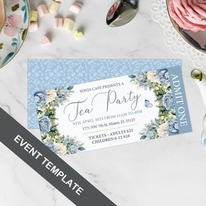 5 x 2.25 Tea Party Event Ticket with Sage Green & Dusty Blue Flowers and Butterfly, Admit One, Pricing, CORJL EDITABLE DIGITAL Template