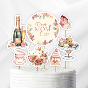 Teeparty-Kuchendeckel mit Champagner, Schmetterling, Cupcake, Teekanne und runder Grafik, Corjl bearbeitbarer digitaler Download