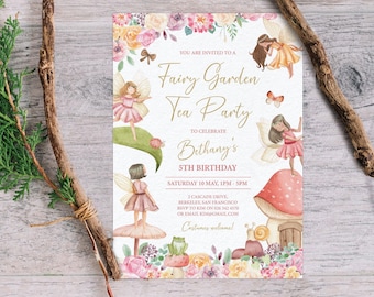 Fairy Garden Tea Party Invitation, Fairies, Frog, Flowers, Toadstool House, 5x7 Corjl Editable Template