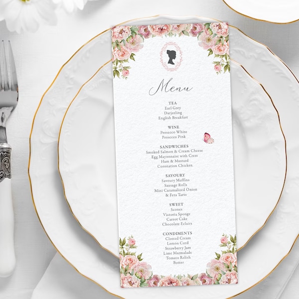 4 x 9 Bridgerton Tea Party Menu with Blush Pink Flowers, Bridgerton Cameo with Butterfly, Corjl Editable Digital Download