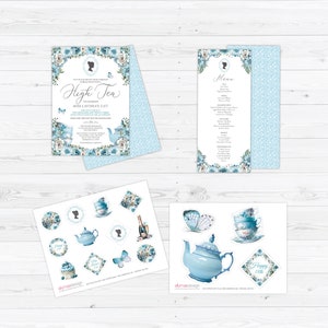 Bundle of 3 Bridgerton High Tea Dusty Blue Products with Cameo, Invite, Menu, Cake Toppers & Sign, Corjl Editable Digital Downloads