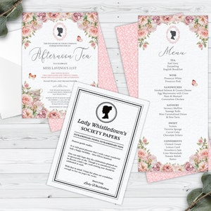 Bundle of 3 Bridgerton Afternoon Tea Blush Pink Products, Invite, Menu, Whistledown Birthday Announcement, CORJL EDITABLE DIGITAL Template