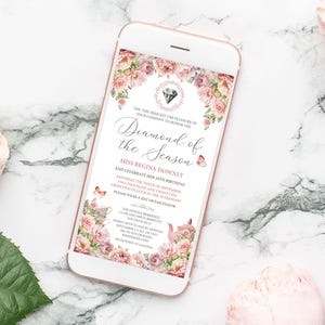 the 'Ton' invitation for a diamond of the season party with blush pink flowers, regency style diamond cameo, teapot and tea cups, sitting on a marble bench