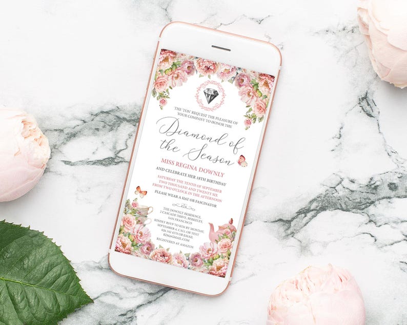 the 'Ton' invitation for a diamond of the season party with blush pink flowers, regency style diamond cameo, teapot and tea cups, sitting on a marble bench