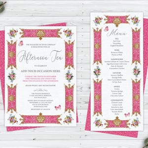May include: Two rectangular paper cards featuring a white background with ornate pink and gold borders, floral accents, and small butterflies. The left card displays text for an afternoon tea invitation, while the right card lists a menu of tea, wine, sandwiches, savory items, sweets, and condiments.
