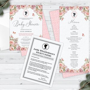 Bundle of 3 Bridgerton Baby Shower Blush Pink, Cameo, Invite, Menu, Baby Shower Gender Reveal Society Page, Corjl EDITABLE DIGITAL DOWNLOAD