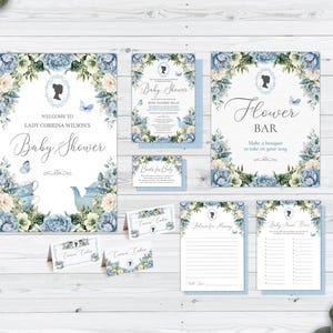 Bundle of 6 Baby Shower Sage Green & Dusty Blue, Invite, Sign, Flower Bar Sign, Books for Baby, Place Name, Corjl EDITABLE DIGITAL DOWNLOAD
