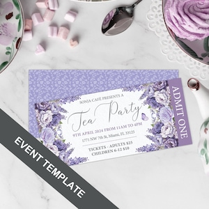 5 x 2.25 Tea Party Event Ticket with Lavender Colored Flowers and Butterfly, Admit One, Pricing, CORJL EDITABLE DIGITAL Template