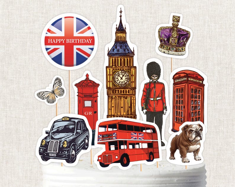London Cake Toppers: British Tea Party Decorations, 5 Pages (CORJL Editable Digital Template)