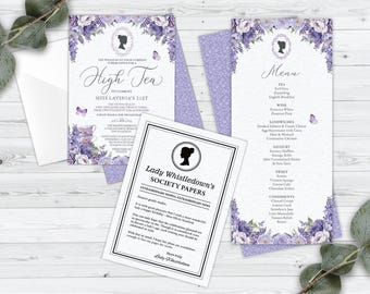 Bundle of 3 Bridgerton High Tea Lavender Colored Flower, Invitation, Menu, Whistledown Birthday Announce, Corjl Editable DIGITAL DOWNLOAD