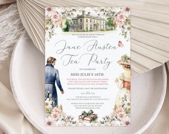 5 x 7 Jane Austen Tea Party Invitation Pink, White and Green Flowers, Mansion House with Regency Lady, Man, Corjl Editable DIGITAL DOWNLOAD