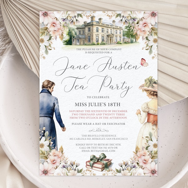 5 x 7 Jane Austen Tea Party Invitation Pink, White and Green Flowers, Mansion House with Regency Lady, Man, Corjl Editable DIGITAL DOWNLOAD