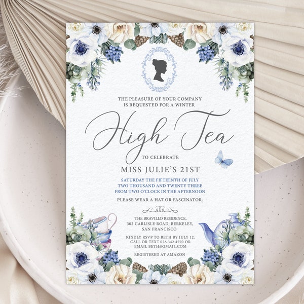 Winter High Tea Party uitnodiging, Bridgerton stijl met cameo detail, blauw wit groene bloemen, bewerkbaar digitaal bestand met theepot vlinder