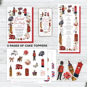 Bundle of 4 British Tea Party, London Icons, Florals, Menu, Toppers, Invites (Corjl Editable Template)