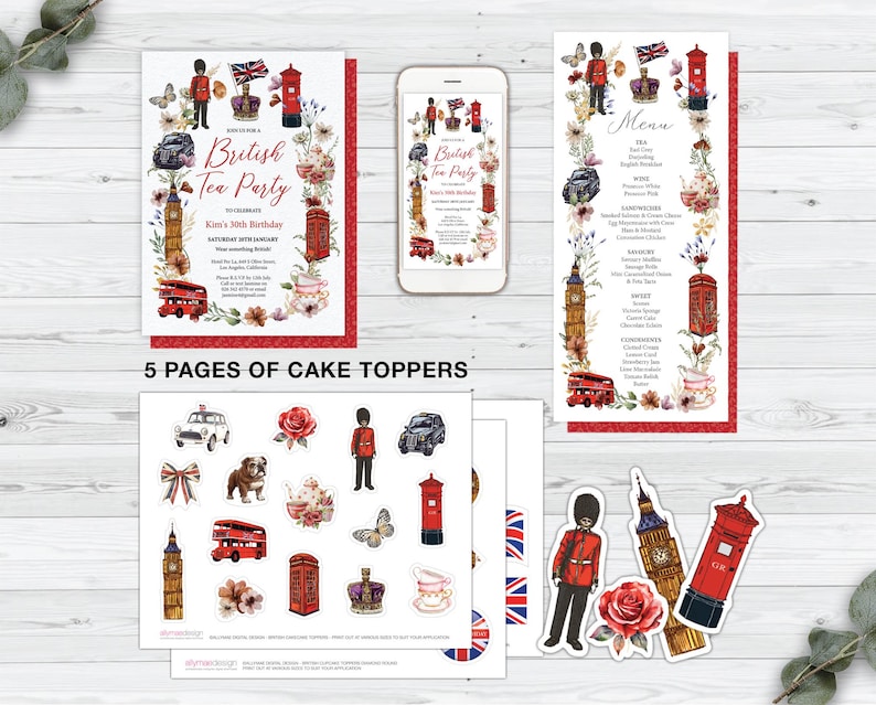 Bundle of 4 British Tea Party, London Icons, Florals, Menu, Toppers, Invites (Corjl Editable Template)