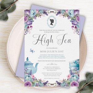 Invitación para la hora del té: Flores de lila azul, camafeo Regency, tetera, plantilla editable CORJL de 5x7