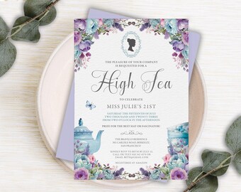 High Tea Invitation: Blue Lilac Flowers, Regency Cameo, Teapot, 5x7 CORJL Editable Template