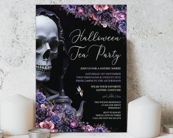 Halloween Tea Party Invite, Skeleton, Purple Pink Black, Gothic Teapot, Dragonfly, 5x7 Corjl Editable File