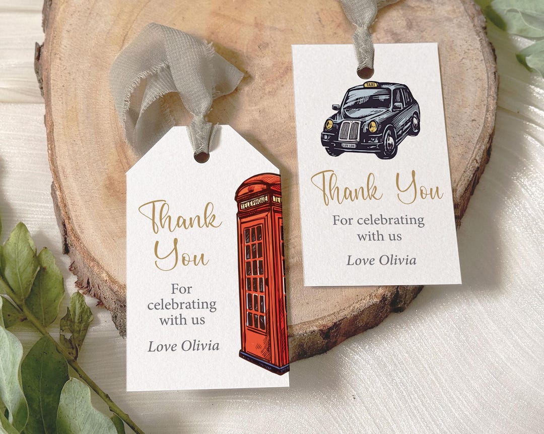British Icon Favor Tags, London Party Gift Labels, Big Ben, Black Cab ...