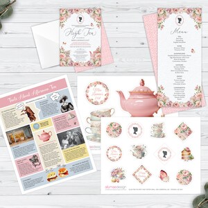 Bundle of 4 High Tea Blush Pink Products with Cameo, Invite, Menu, Cake Toppers, Corjl Editable Files, Afternoon Tea Fact Sheet Not Editable