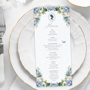 4 x 9 Afro Puff Bridgerton Tea Party Menu, Sage Green, Dusty Blue Flowers, Bridgerton Cameo with Butterfly, Corjl EDITABLE DIGITAL DOWNLOAD