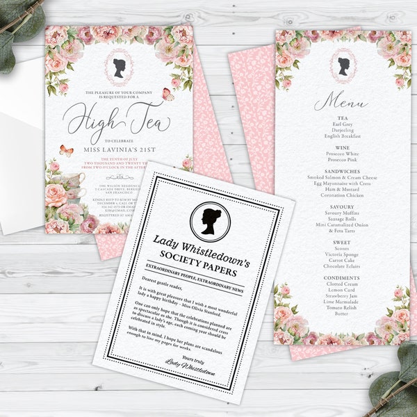 Bridgerton High Tea Bundle of 3 Blush Pink Products, Invitation, Menu, Whistledown Birthday Announcement, Editable Digital Download