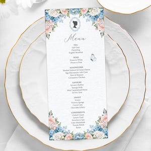 4 x 9 Tea Party Menu with Blue, Pink, White Flowers, Bridgerton Style Cameo with Butterflies, CORJL EDITABLE DIGITAL Template